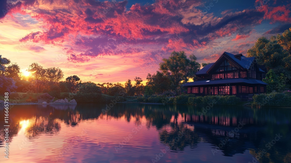 Fototapeta premium Enchanting Sunset Glow on 3D Printed Home - Ultra-Detailed Digital Artwork of Magical Dwelling with Vibrant Colors in Panoramic View