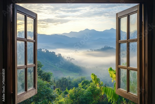 Open window with view of beautiful landscape, misty morning light on the mountains in Thailand.