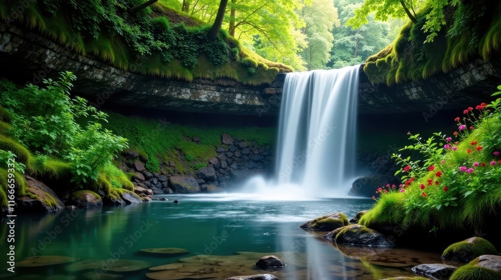 Obraz premium Serene Waterfall Cascading into a Lush Emerald Pool, Surrounded by Vibrant Green Foliage and Blossoming Flowers
