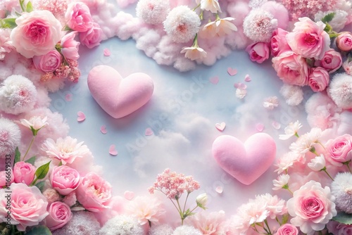 A heart made of flowers is floating in the sky