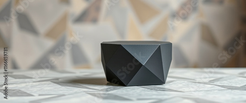 black faceted geometric object on a gray surface photo