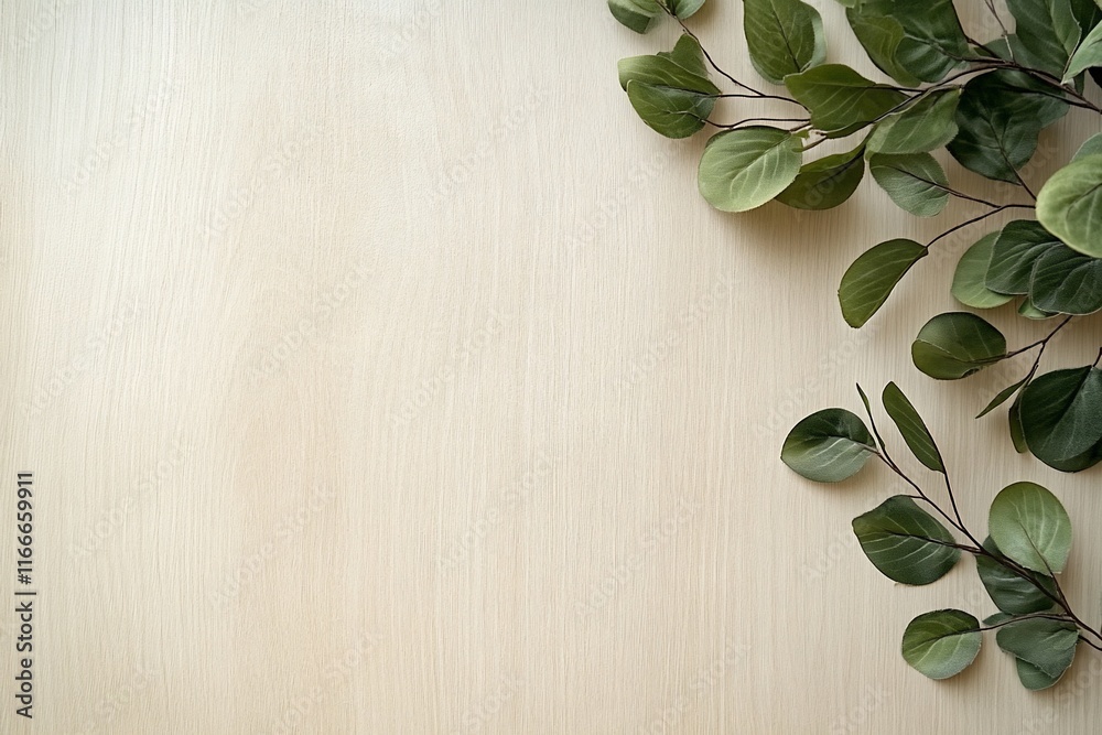 Green leaves on light wood background, copy space. (1) Green leaves on light wood background, copy space. (1)