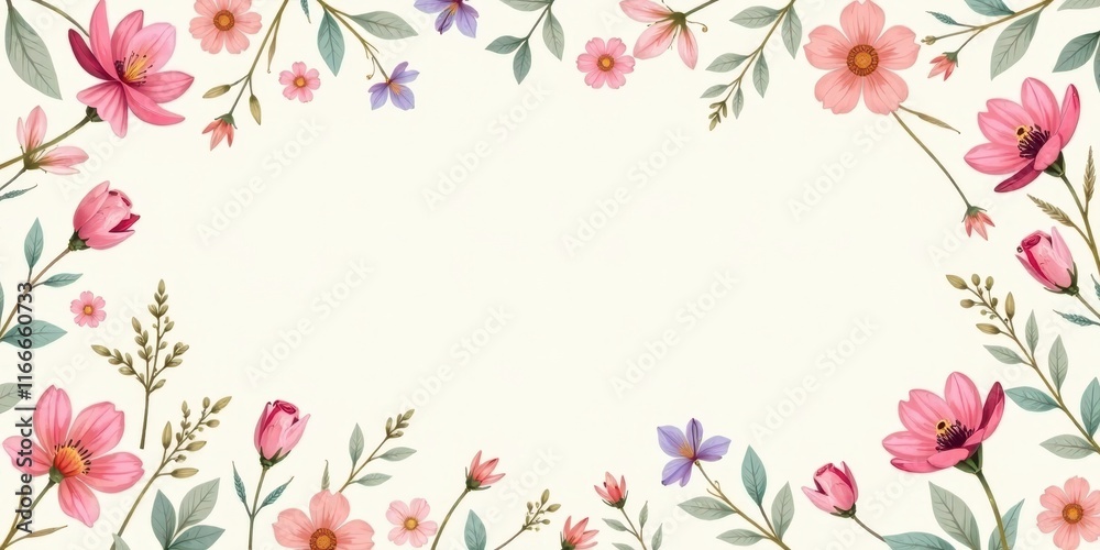 A Delicate Floral Frame with Pink and Purple Blossoms, Ideal for Elegant Designs and Romantic Invitations A Delicate Floral Frame with Pink and Purple Blossoms, Ideal for Elegant Designs and Romantic Invitations