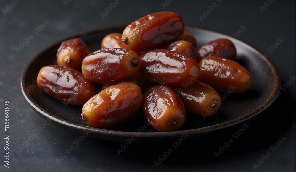 A plate of shiny, fresh dates with a rich, caramel-like texture, highlighting their natural sweetness and glossy surface. A plate of shiny, fresh dates with a rich, caramel-like texture, highlighting their natural sweetness and glossy surface.