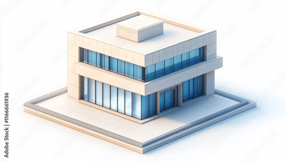 Isometric view of a modern, small, two-story building with glass windows and a flat roof, isolated on white background. Isometric view of a modern, small, two-story building with glass windows and a flat roof, isolated on white background.