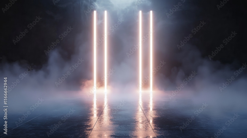 Obraz premium Neon Lights in Misty Scene: A Futuristic Digital Art