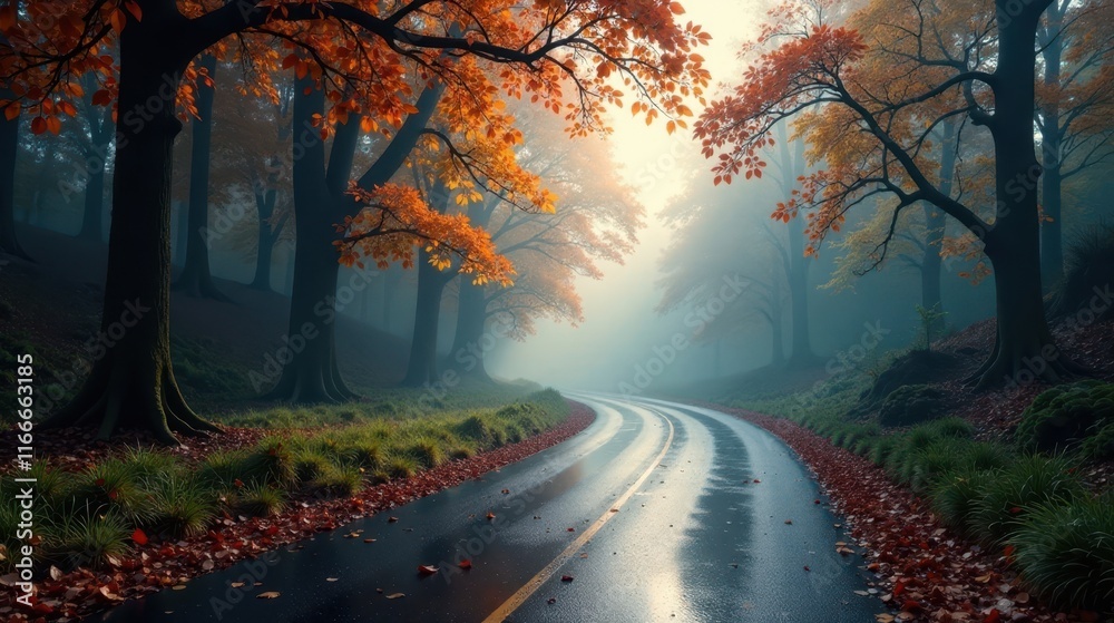 Fototapeta premium Autumnal Road Winding Through Misty Forest, Sunlight Filtering Through Vibrant Orange Leaves