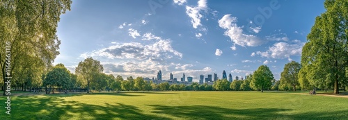 Panoramic view, showing a green park with trees and the skyline of the London city background on a sunny day.