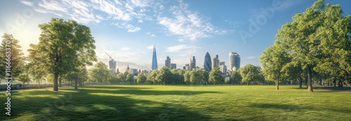 Panoramic view, showing a green park with trees and the skyline of the London city background on a sunny day.