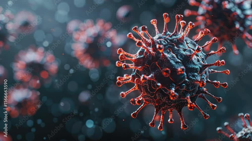 A detailed 3D rendering of a single coronavirus particle, surrounded by others, against a dark, atmospheric background. A detailed 3D rendering of a single coronavirus particle, surrounded by others, against a dark, atmospheric background.