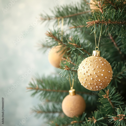 three matte gold ornaments with white dots adorn a green evergreen tree
