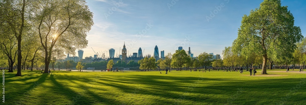 Fototapeta premium Panoramic view, showing a green park with trees and the skyline of the London city background on a sunny day.