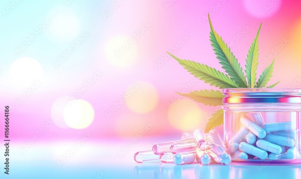 a green cannabis leaf and CBD capsules on a light background with a side and a place for text. a green cannabis leaf and CBD capsules on a light background with a side and a place for text.