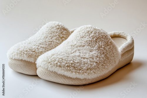 Cozy and soft white slippers ideal for relaxation at home during chilly evenings photo