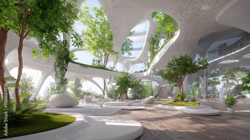 Modern Biophilic Design Concept for Contemporary Living Area with Indoor Trees and Nature Elements, 3D Render Illustration