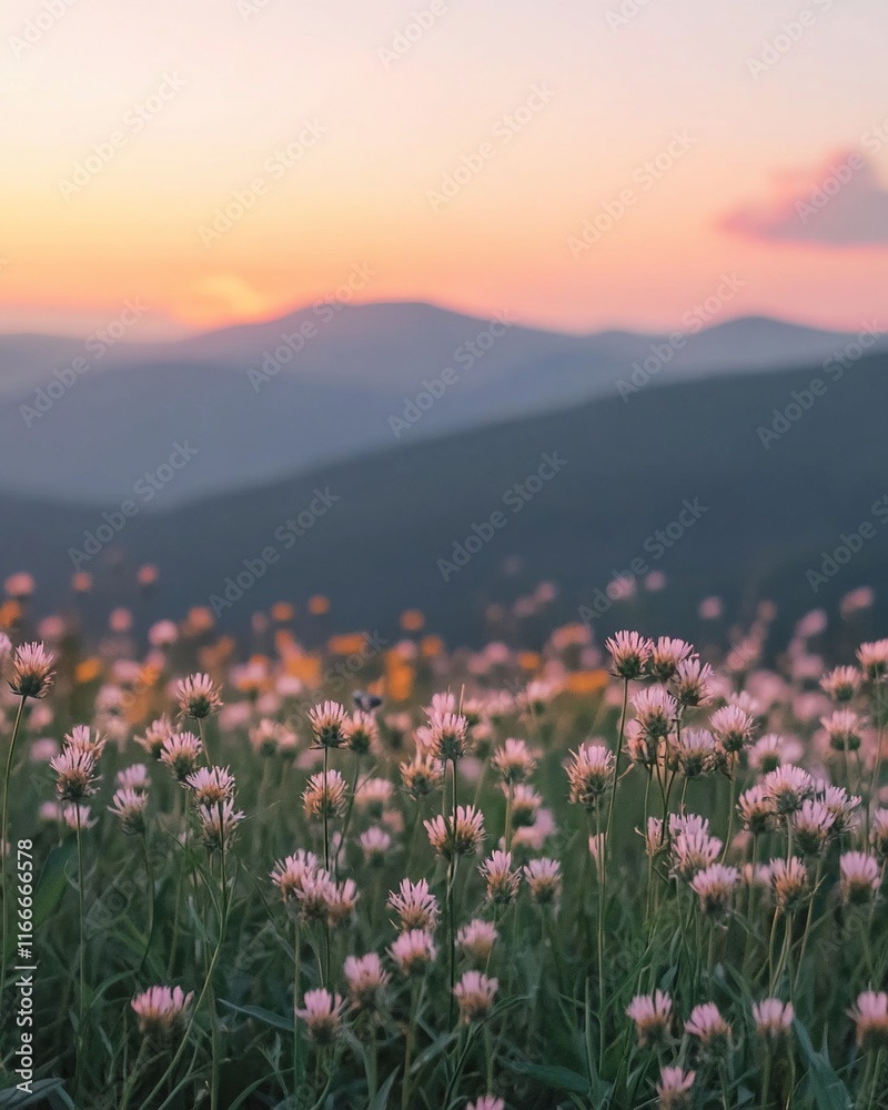 Sunset over mountain range with field of wildflowers. Sunset over mountain range with field of wildflowers.