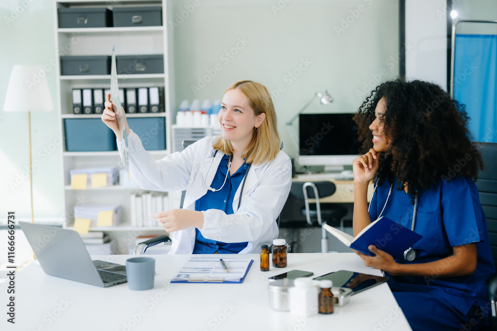 Doctors and nurses using laptops and clipboards, showcasing teamwork, modern healthcare. Doctors and nurses using laptops and clipboards, showcasing teamwork, modern healthcare.