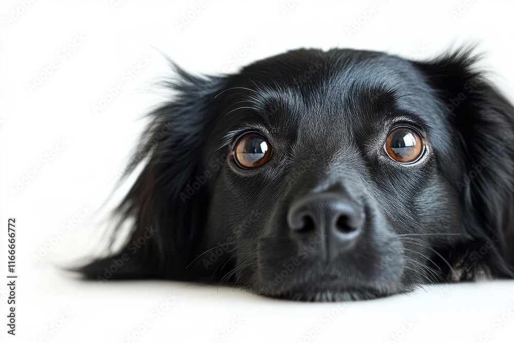 Close-up of a black dog resting with curious eyes on a white background during a calm indoor moment Close-up of a black dog resting with curious eyes on a white background during a calm indoor moment