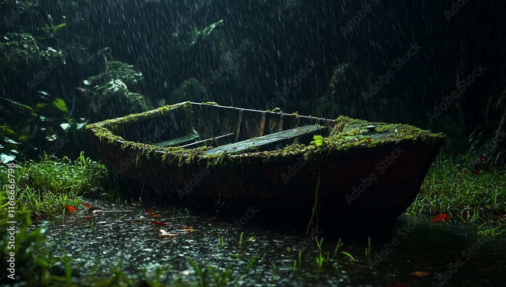 Old wooden boat covered in moss sits in a lush rainforest during a heavy downpour. Old wooden boat covered in moss sits in a lush rainforest during a heavy downpour.