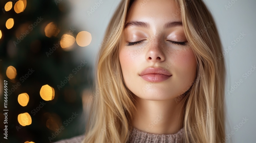 Portrait of sensual beautiful blonde model posing with closed eyes, Natural beauty concept 