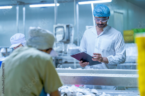 Food processing workers in protective gear, including lab coats, hair covers, and goggles, inspecting fish on ice in a factory setting, emphasizing hygiene, quality control, and safety standards. photo