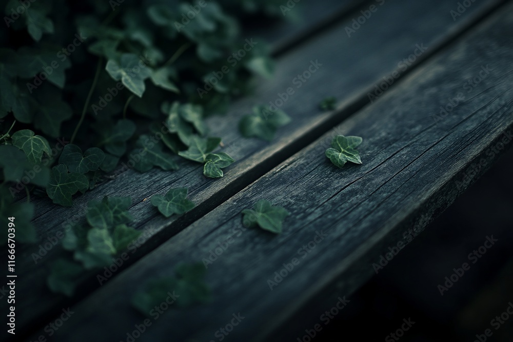 Lush green ivy leaves scattered on a dark wooden surface. Lush green ivy leaves scattered on a dark wooden surface.