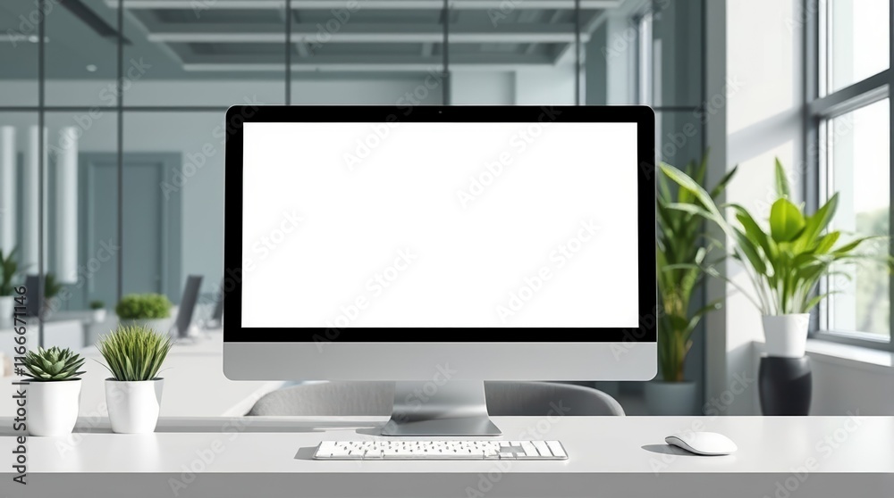 Fototapeta premium Modern Office Desktop Screen Mockup on Sleek Desk