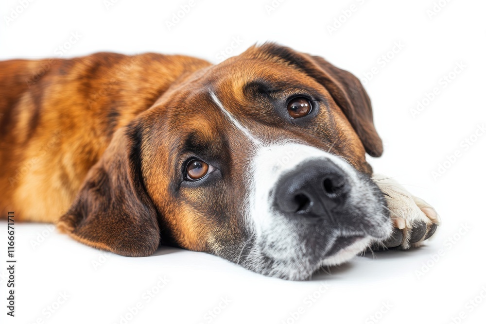Brown dog resting with gentle expression on a white background in a calm setting Brown dog resting with gentle expression on a white background in a calm setting