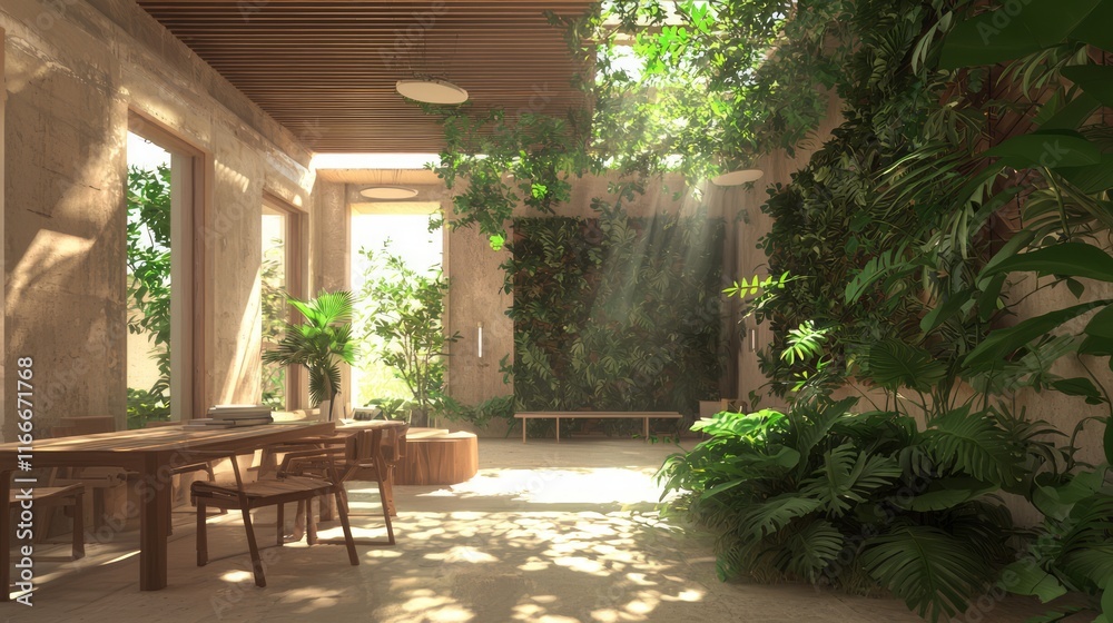 Obraz premium Biophilic Design in Modern Office Space with Vertical Garden, Natural Wood Furniture & Sunlight for Creativity and Productivity - 3D Render Illustration