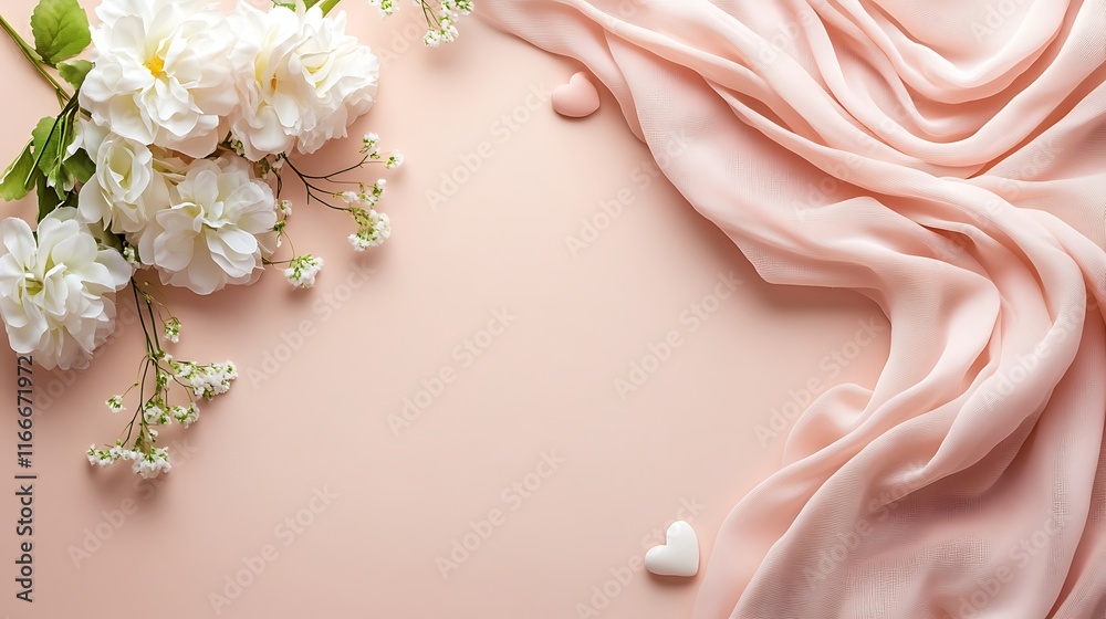 Fototapeta premium Delicate White Flowers and Pink Fabric Drape