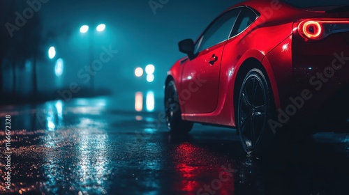 Night Drive: Red Sports Car on a Wet City Street Under Neon Lights photo