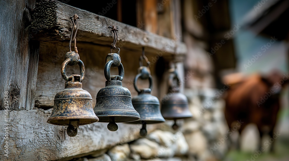 Antique bells hanging on a wooden beam. Antique bells hanging on a wooden beam.