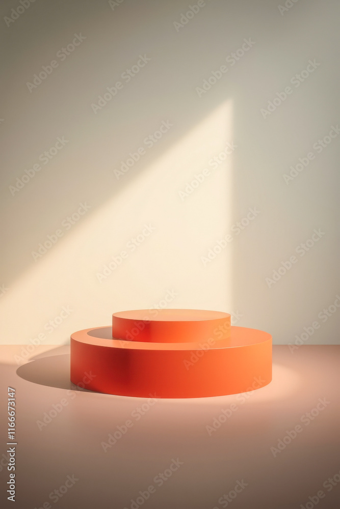 Fototapeta premium two coral cylindrical platforms on neutral background