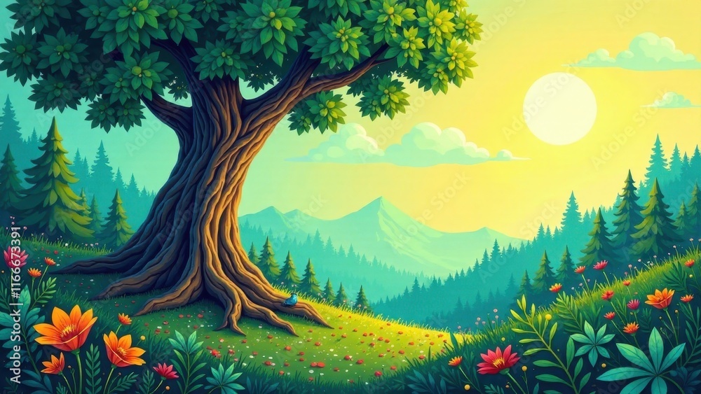Fototapeta premium Serene Sunrise Landscape Featuring a Majestic Ancient Tree, Lush Meadow, and Distant Mountain Range
