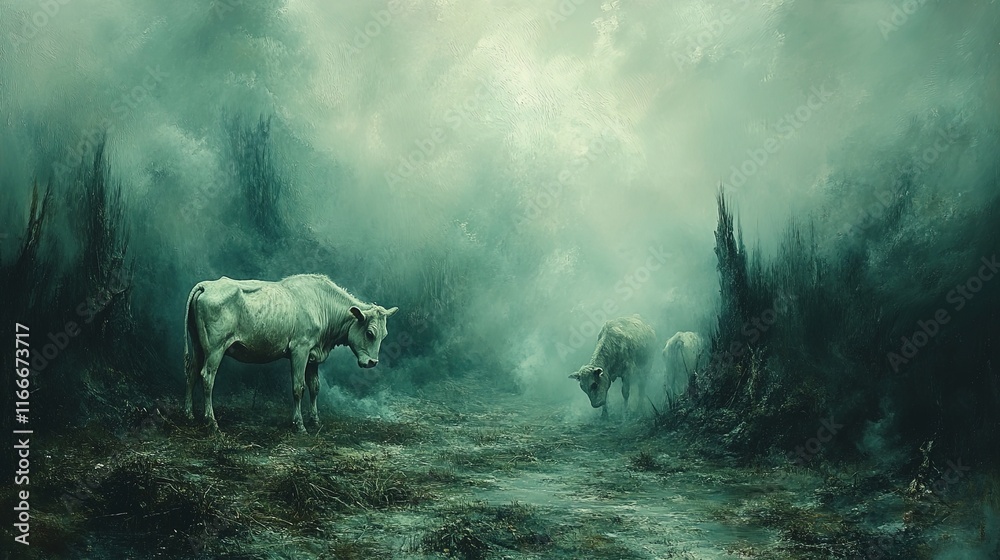 Fototapeta premium Ethereal landscape with horses in a misty, atmospheric environment.