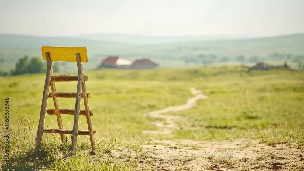 goal of life balance passion concept. A wooden ladder stands in a grassy field, leading to distant hills and a peaceful rural landscape. goal of life balance passion concept. A wooden ladder stands in a grassy field, leading to distant hills and a peaceful rural landscape.