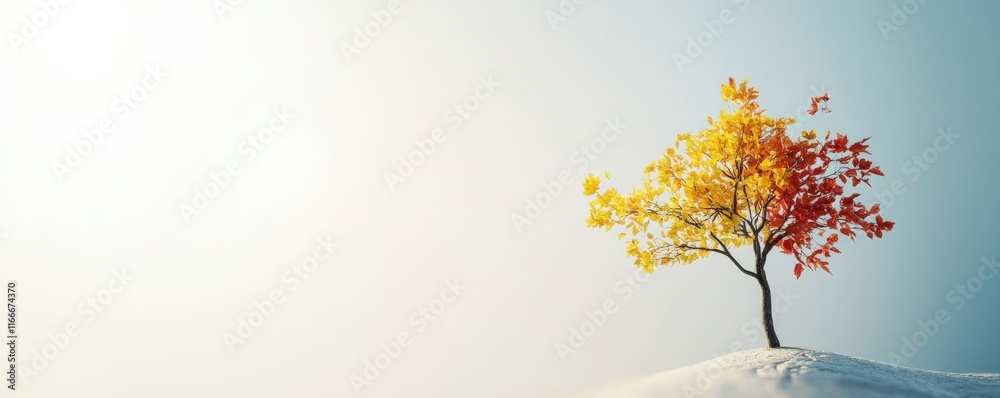Obraz premium goal of life balance passion concept. A solitary tree with vibrant autumn leaves against a soft, pastel sky evokes tranquility and beauty.