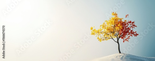 goal of life balance passion concept. A solitary tree with vibrant autumn leaves against a soft, pastel sky evokes tranquility and beauty.