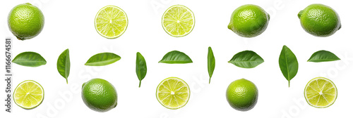 Set of fresh limes, halved limes, and green leaves, all arranged in a grid formation on a transparent png background.