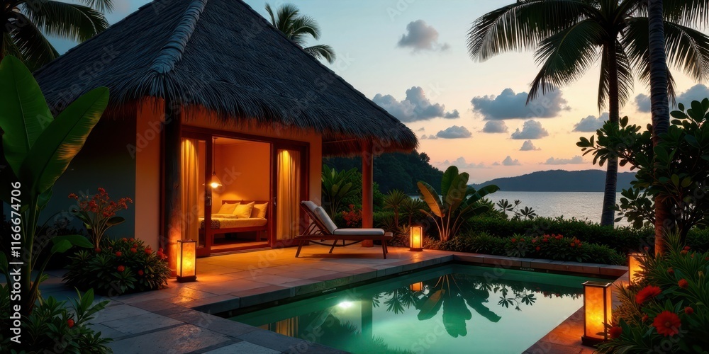 Obraz premium Tranquil Evening at a Private Tropical Getaway Featuring a Luxurious Bungalow with Personal Pool and Breathtaking Sunset Views