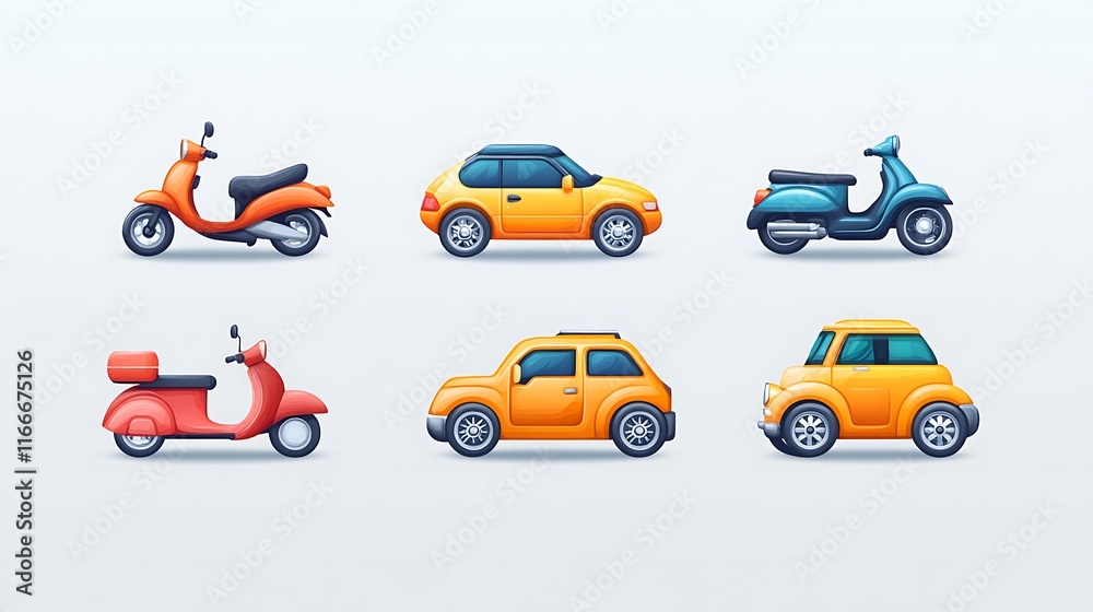 Naklejka premium Vibrant cars and scooters display urban setting digital illustration