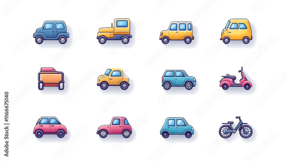 Naklejka premium Diverse vehicle icons digital art graphic design minimalist style
