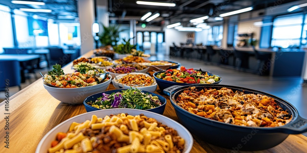A vibrant office setting featuring a large, long table covered with a variety of delicious potluck dishes. A vibrant office setting featuring a large, long table covered with a variety of delicious potluck dishes.