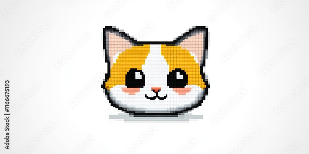 Fototapeta premium A very simple cross-stitch pattern of a pixel art chibi cat face, with a simple grid background on the back of the portrait, a white background,