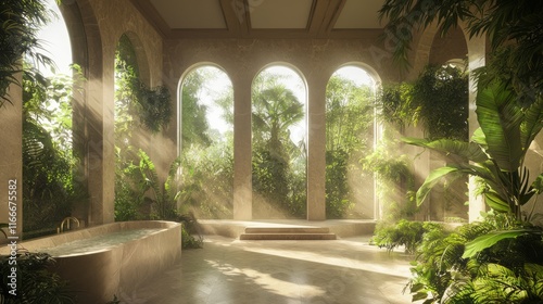 Tranquil Biophilic Design Bathroom with Garden View and Natural Stone Finishes - 3D Render Illustration