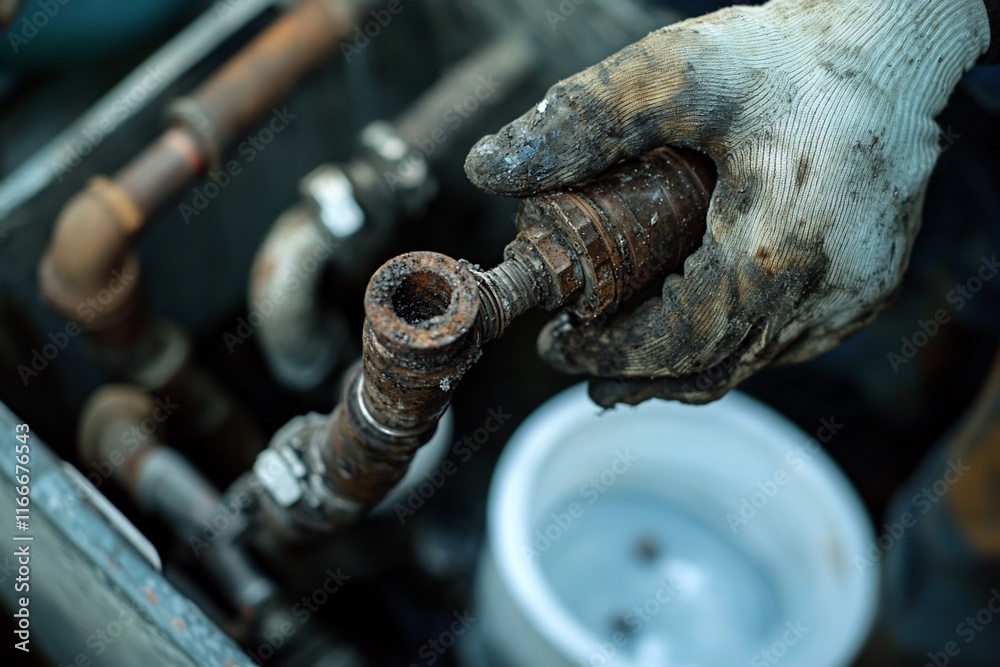 Close-up of dirty hands in gloves holding rusty pipe fitting. Close-up of dirty hands in gloves holding rusty pipe fitting.