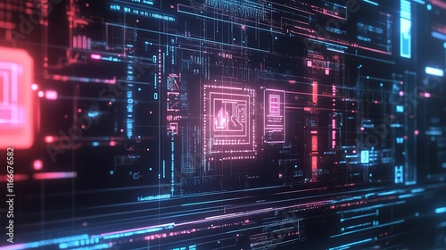 Glowing Digital Screen with Futuristic Icons and Vibrant Colors