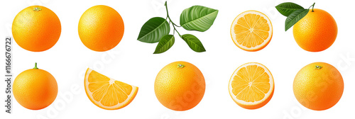 Set of fresh oranges, depicted in various forms. orange slices, orange leaves, whole oranges. on a transparent background. cut elements.