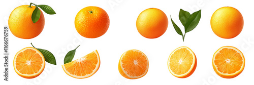 Set of fresh oranges, depicted in various forms. orange slices, orange leaves, whole oranges. on a transparent background. cut elements.