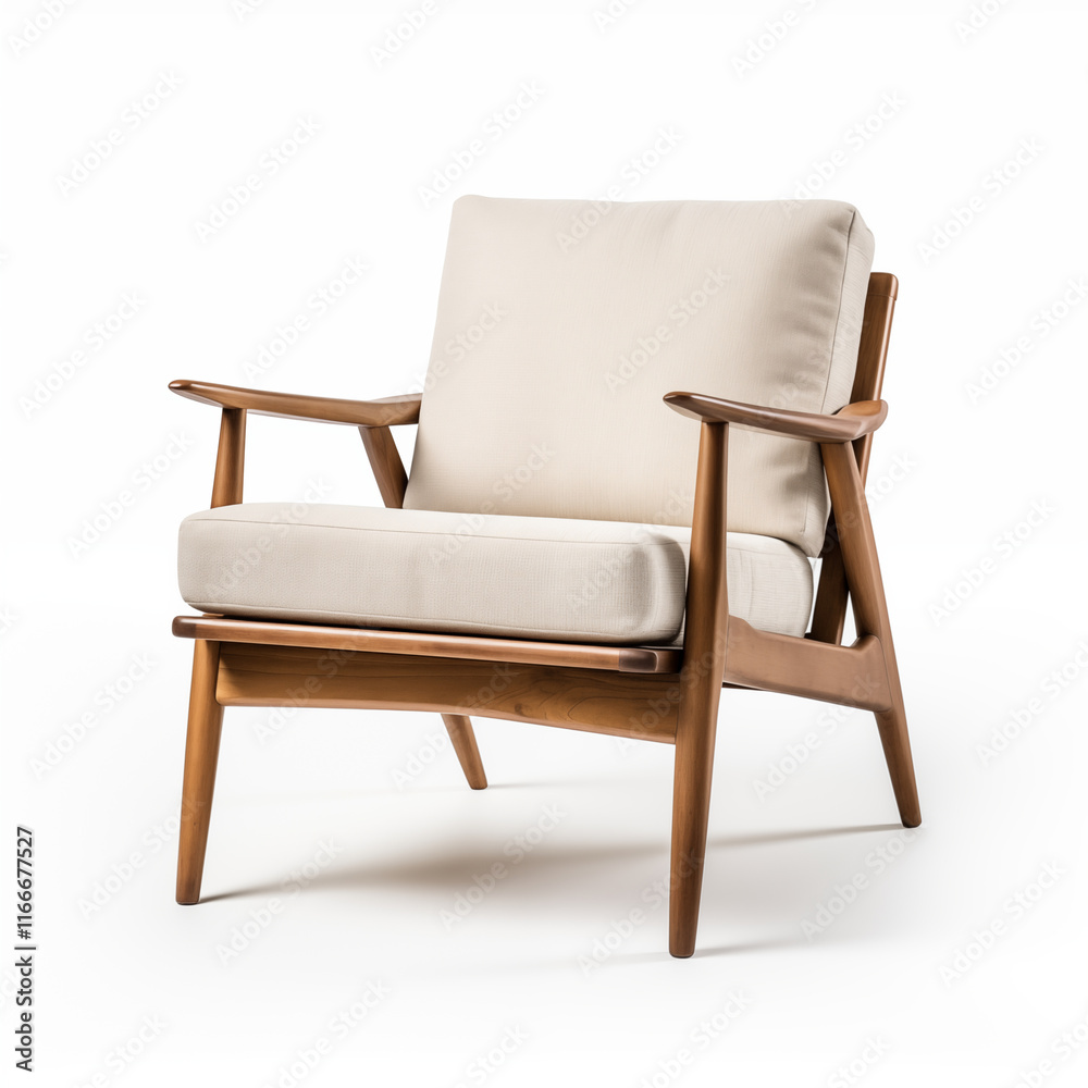 MidCentury Modern Armchair Beige Upholstery Wooden Legs MidCentury Modern Armchair Beige Upholstery Wooden Legs